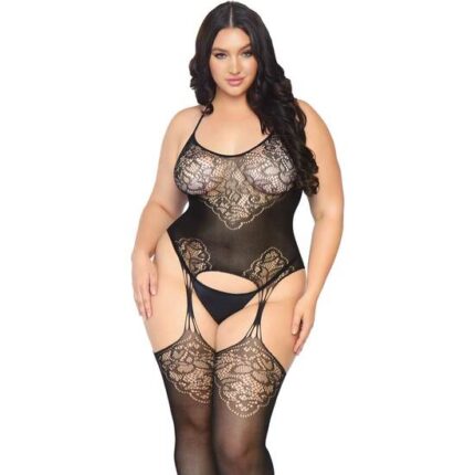 BODYSTOCKING DE ENCAJE SIN COSTURAS CON LIGUERO - NEGRO - 001