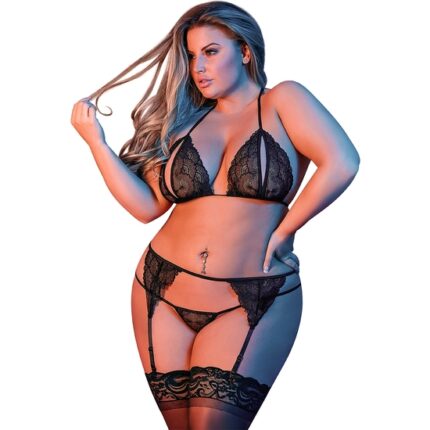 CONJUNTO DE ENCAJE CON LIGUERO - NEGRO - 001