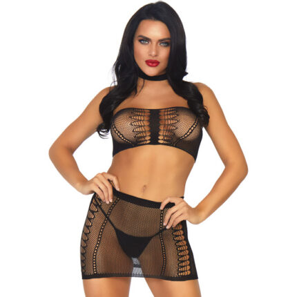 CONJUNTO TOP Y FALDA DE RED - NEGRO - 001