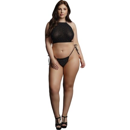 FESTIVE RHINESTONE TOP Y TANGA - NEGRO - 001
