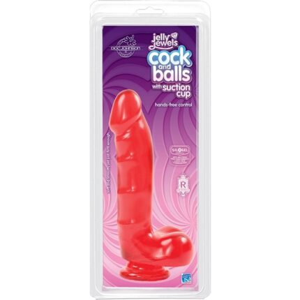 JELLY JEWELS - PENE CON TESTICULOS Y BASE DE SUCCIÓN - ROJO RUBÍ - 002