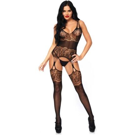 LEG AVENUE BODYSTOCKING TIPO LIGUERO DE ENCAJE FLORAL - 001