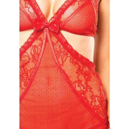 LEG AVENUE CONJUNTO 2 PIEZAS CHEMISE TIPO DELANTAL CON CINTA SATÉN Y TANGA ROJO - 002