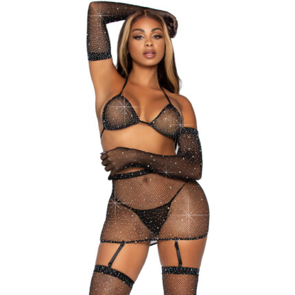 LEG AVENUE CONJUNTO 5PC BRILLANTE CON LIGUEROS - 001