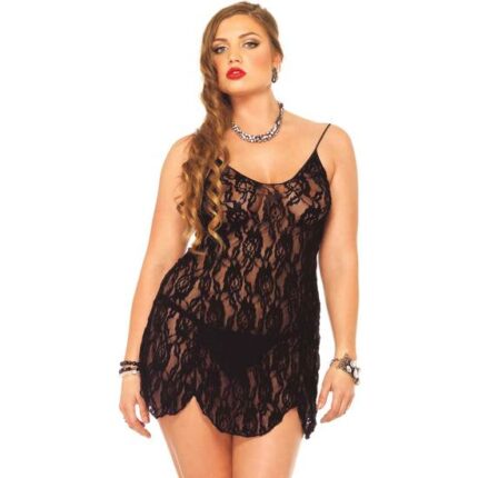 LEG AVENUE PICARDIAS DE ENCAJE NEGRO CON TANGA A JUEGO PLUS - 001