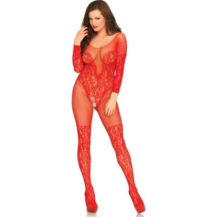 LEG AVENUE VINE LACE AND NET BODYSTOCKING ROJO - 001