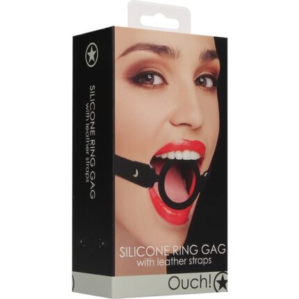 OUCH! MORDAZA SILICONA PARA ANILLO - CORREAS DE CUERO - NEGRO - 002