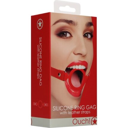 OUCH! MORDAZA SILICONA PARA ANILLO - CORREAS DE CUERO - ROJO - 002