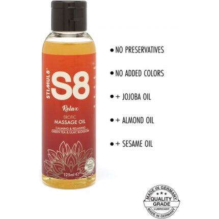 S8 ACEITE DE MASAJE RELAX: TÉ VERDE Y FLOR LILA - 125ML - 002