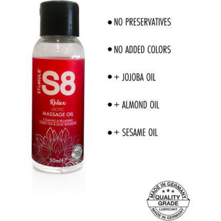 S8 ACEITE DE MASAJE RELAX: TÉ VERDE Y FLOR LILA - 50ML - 002