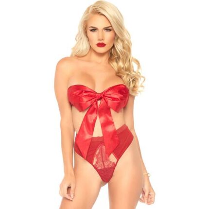 SATIN BANDEAU CONJUNTO CON LAZO Y TANGA - ROJO - 001