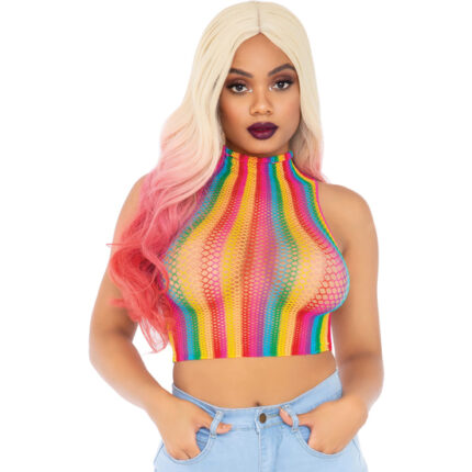 TOP CORTO DE RED DE CUELLO ALTO CON ESTAMPADO - ARCO IRIS - 001