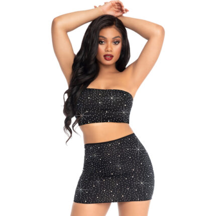 TOP Y FALDA OPACO DE LYCRA CON STRASS - NEGRO - 001