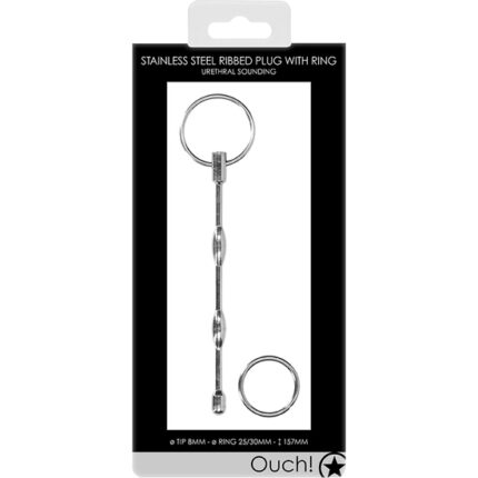URETHRAL SOUNDING - RIBBED PLUG WITH RING - 002