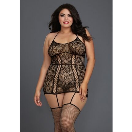 VESTIDO CON LIGA DE ENCAJE - NEGRO - 001