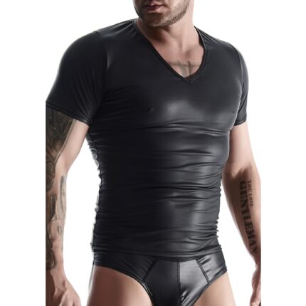 WETLOOK MENS CAMISETA CUELLO FORMA V - NEGRO - 001